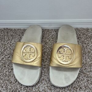Tory Burch Gold Slide Sandals with Logo Sz 10